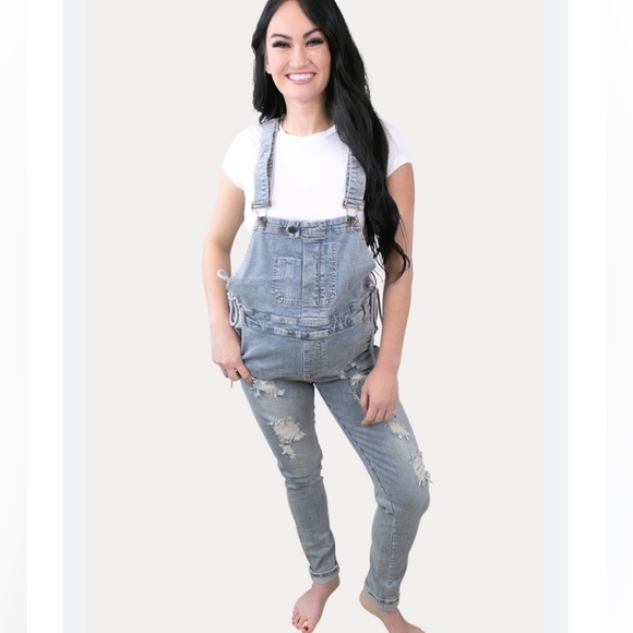 NWT sexy mama light blue tie sides maternity overalls - Picture 1 of 13